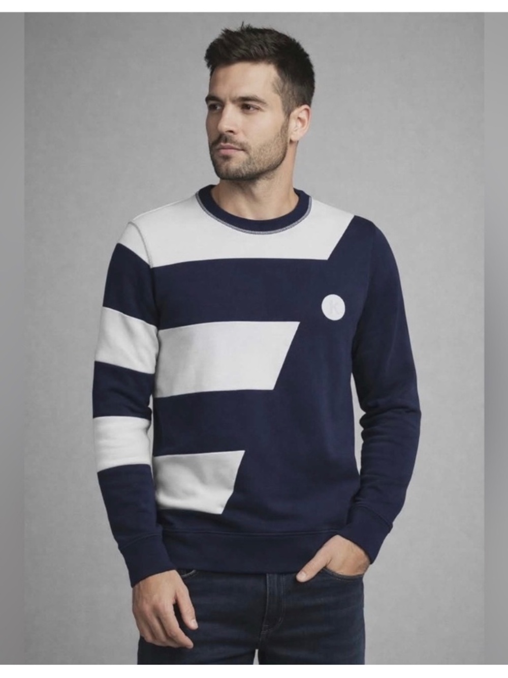 Kenzo Blue and White Geometric Cotton Blend Crewneck Sweater — Like New!!